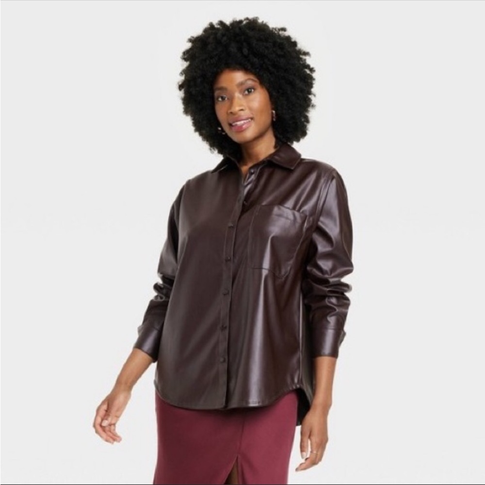 Target A New Day Brown Faux Leather Button Down